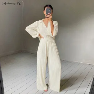 2021 Mine Always Beige Pleated Wide Leg Pants Women's Casual Loose Trousers Office Wear Sizes S -L
