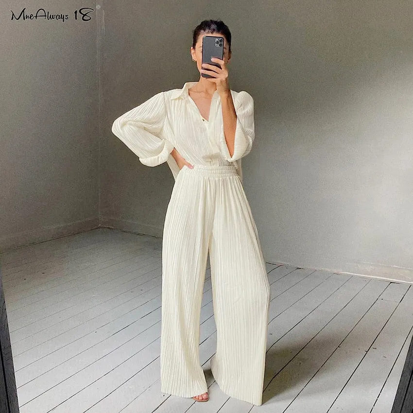 2021 Mine Always Beige Pleated Wide Leg Pants Women's Casual Loose Trousers Office Wear Sizes S -L