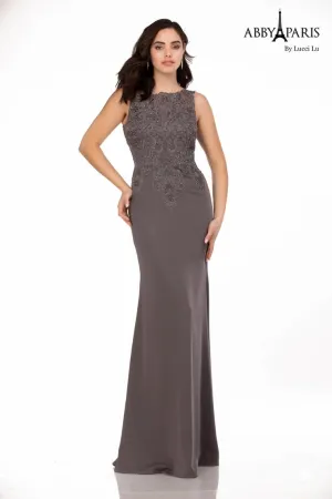 Abby Paris 96061W Lace Bodice Stretch Crepe A-Line High Neck Plus Size MOB Formal Gown