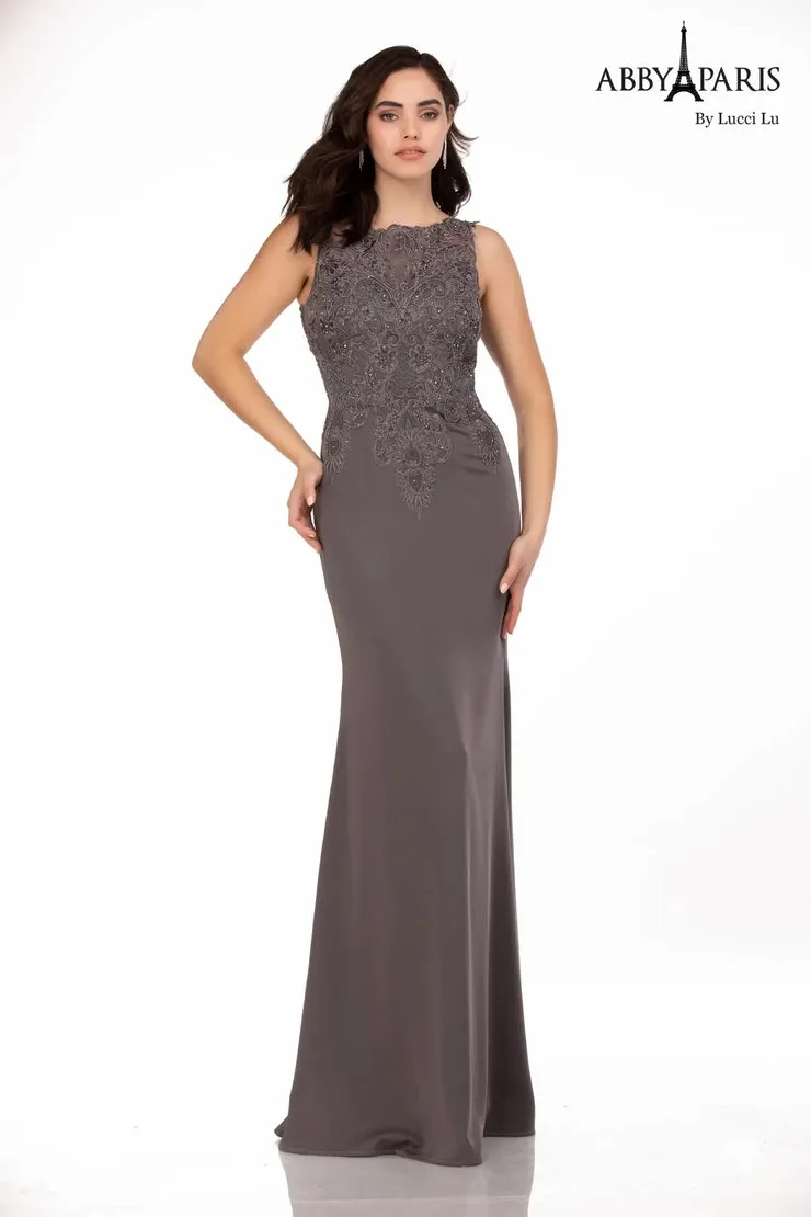 Abby Paris 96061W Lace Bodice Stretch Crepe A-Line High Neck Plus Size MOB Formal Gown