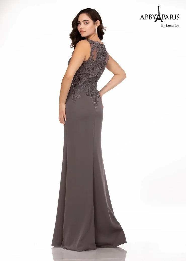 Abby Paris 96061W Lace Bodice Stretch Crepe A-Line High Neck Plus Size MOB Formal Gown