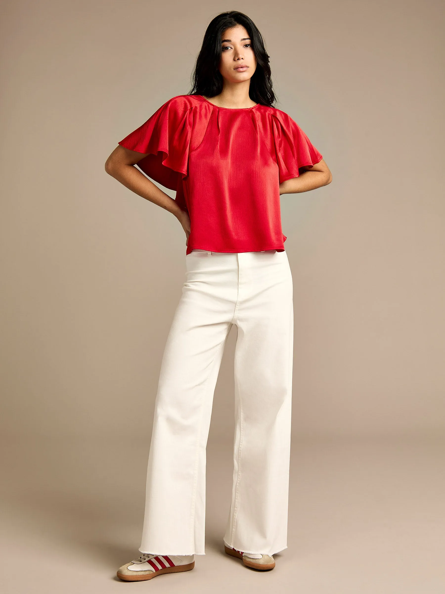 Barie Red Satin Top & Dottie Wide Leg Jean Outfit
