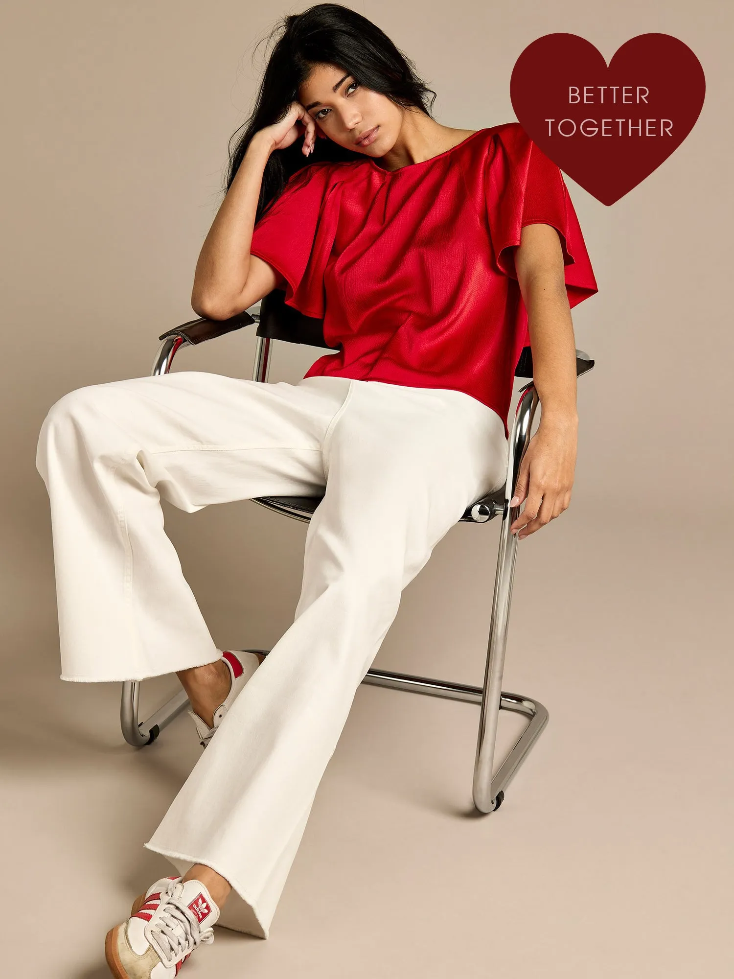 Barie Red Satin Top & Dottie Wide Leg Jean Outfit