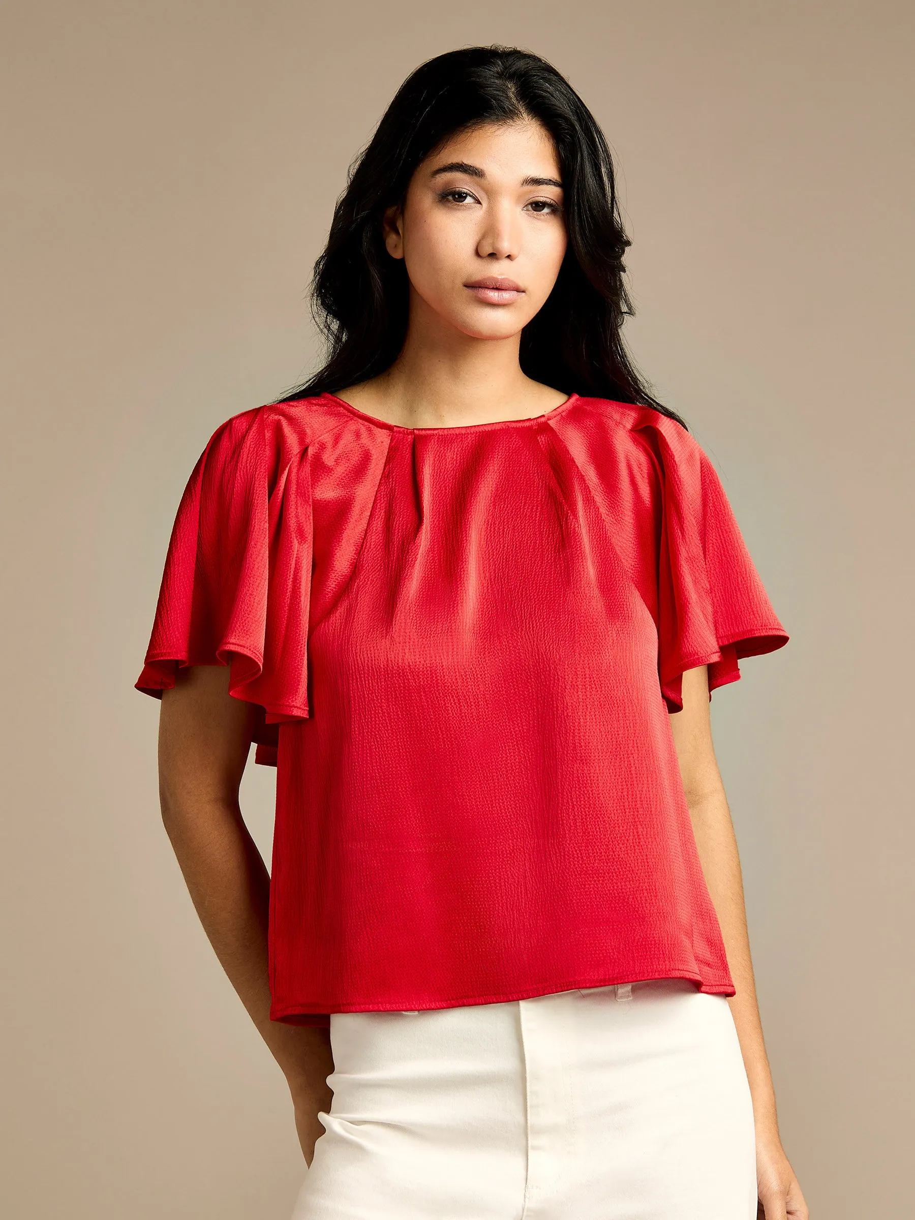 Barie Red Satin Top & Dottie Wide Leg Jean Outfit