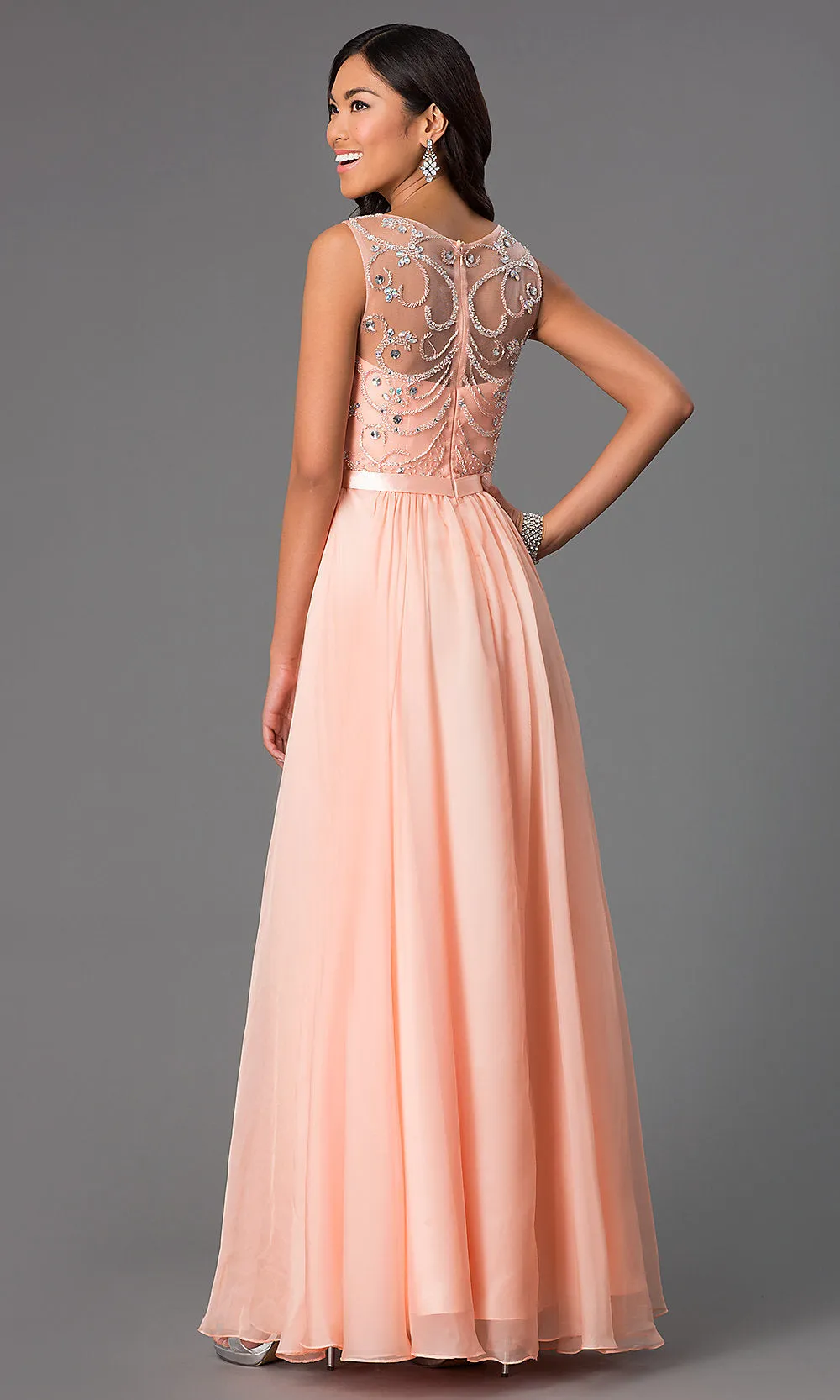 Beaded Sheer Panel Floor Length Chiffon Gown