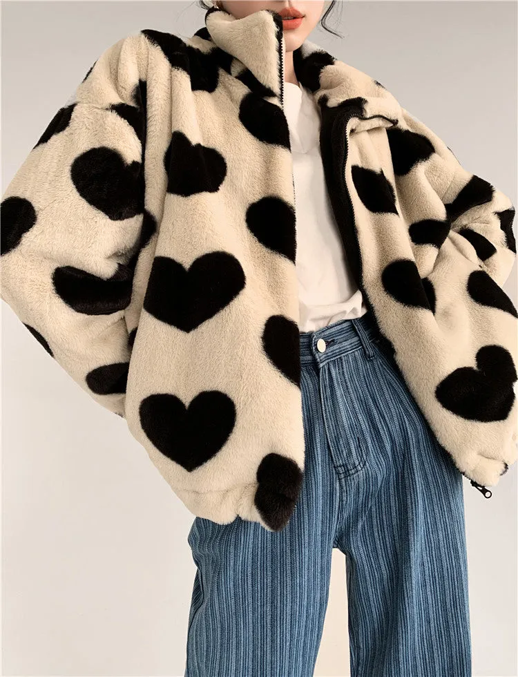 Black Hearts Plush Faux Fur Coat Warm Jacket Tan Beige