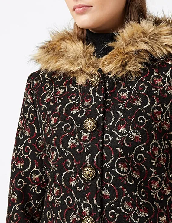 Black Ladies Festive Florals Winter Coat - Joe Browns