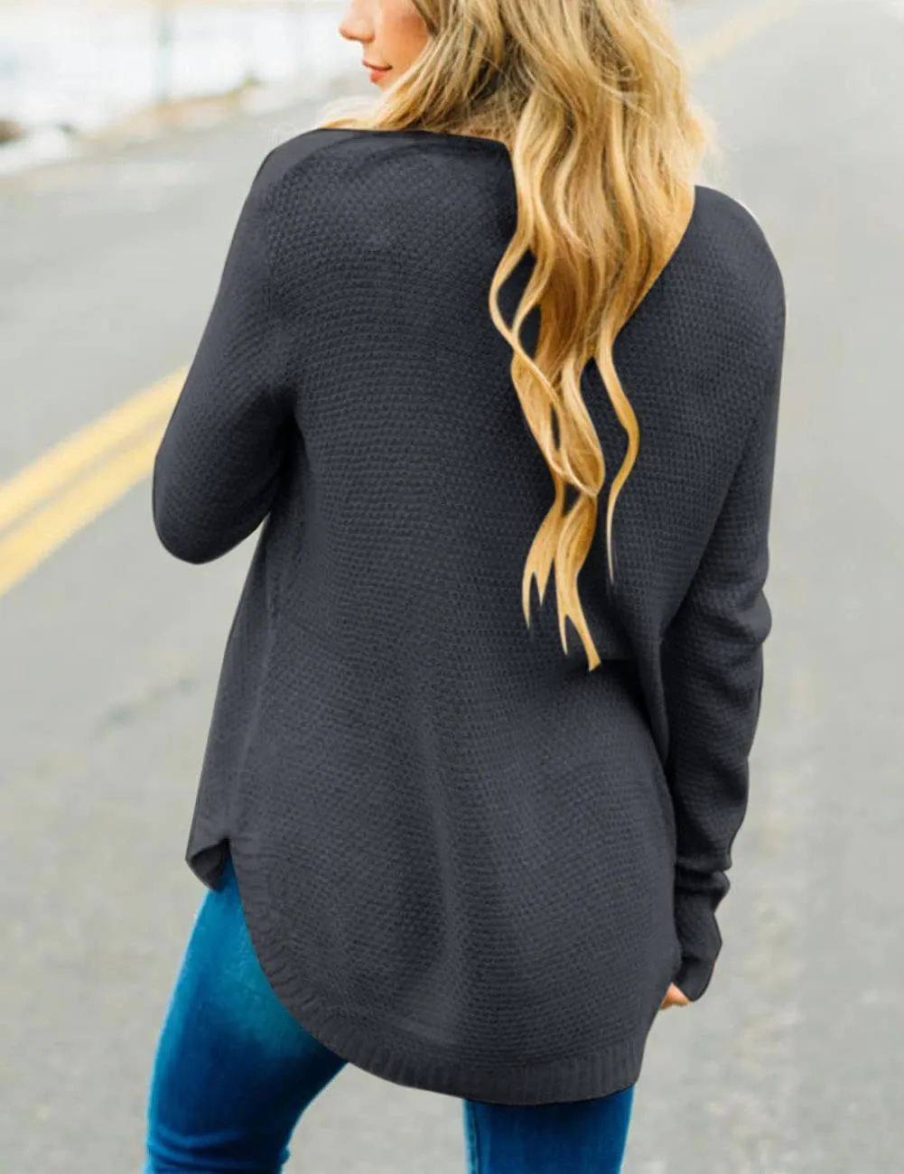 Black Women's Long Sleeve Oversized Crew Neck Solid Color Knit Pullover Sweater Tops - MEROKEETY