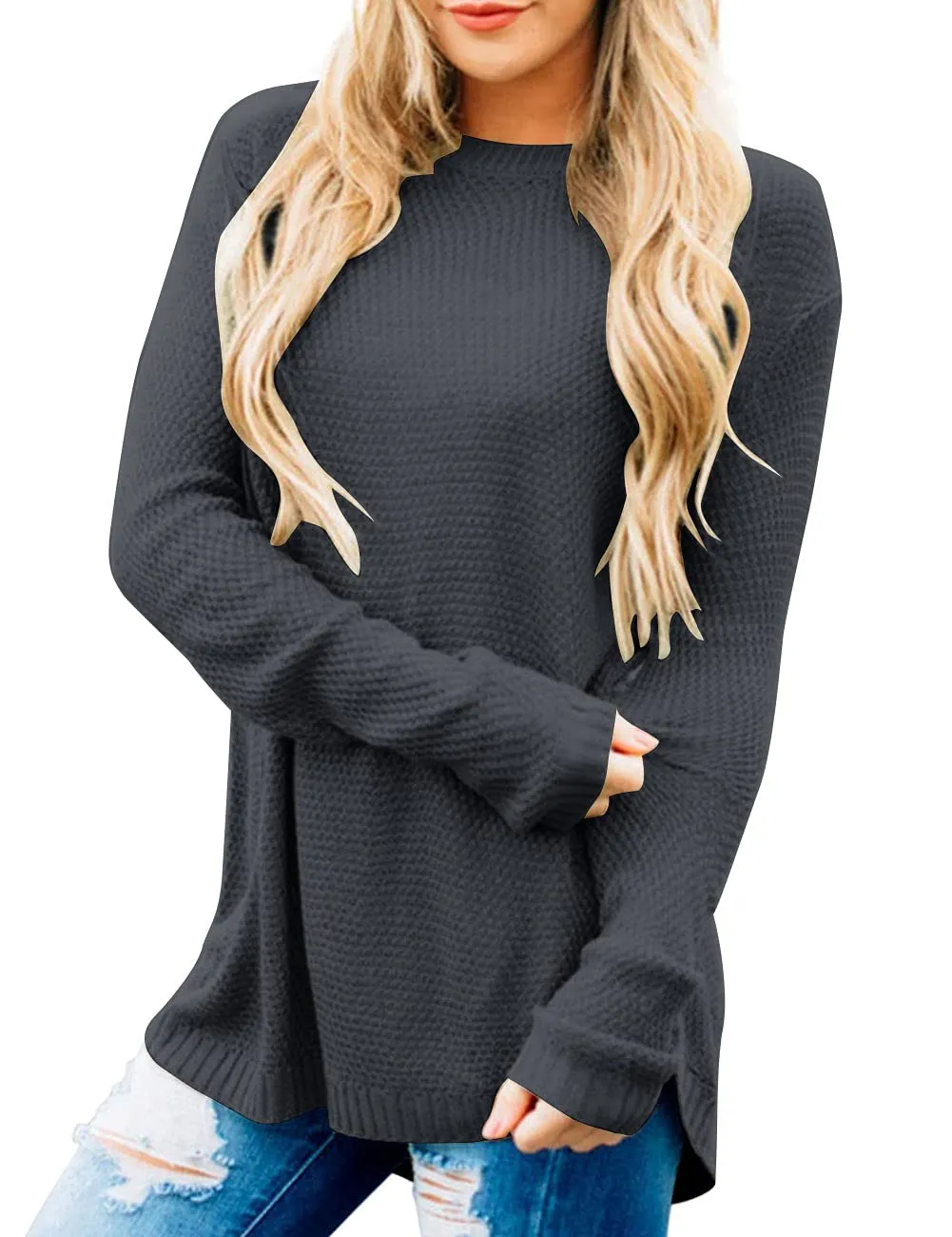 Black Women's Long Sleeve Oversized Crew Neck Solid Color Knit Pullover Sweater Tops - MEROKEETY