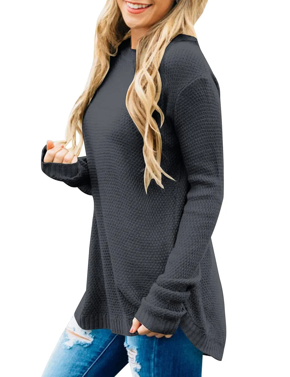 Black Women's Long Sleeve Oversized Crew Neck Solid Color Knit Pullover Sweater Tops - MEROKEETY