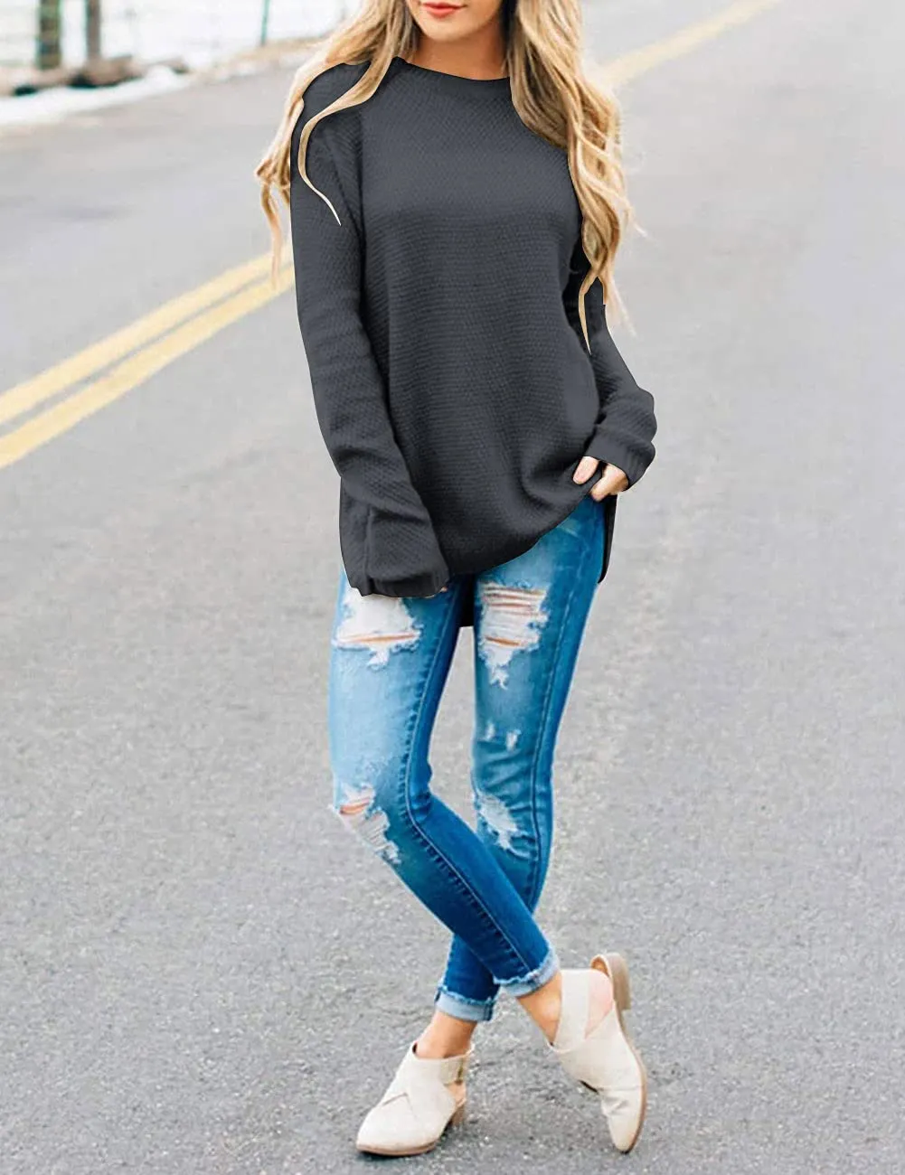 Black Women's Long Sleeve Oversized Crew Neck Solid Color Knit Pullover Sweater Tops - MEROKEETY