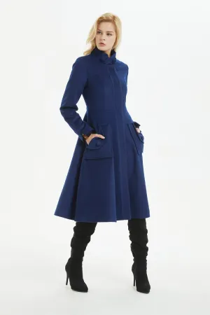 Blue coat, warm wool coat for winter, womens wool coat with pockets - custom midi fitted coat, elegant wool coat - best gift for her C1282