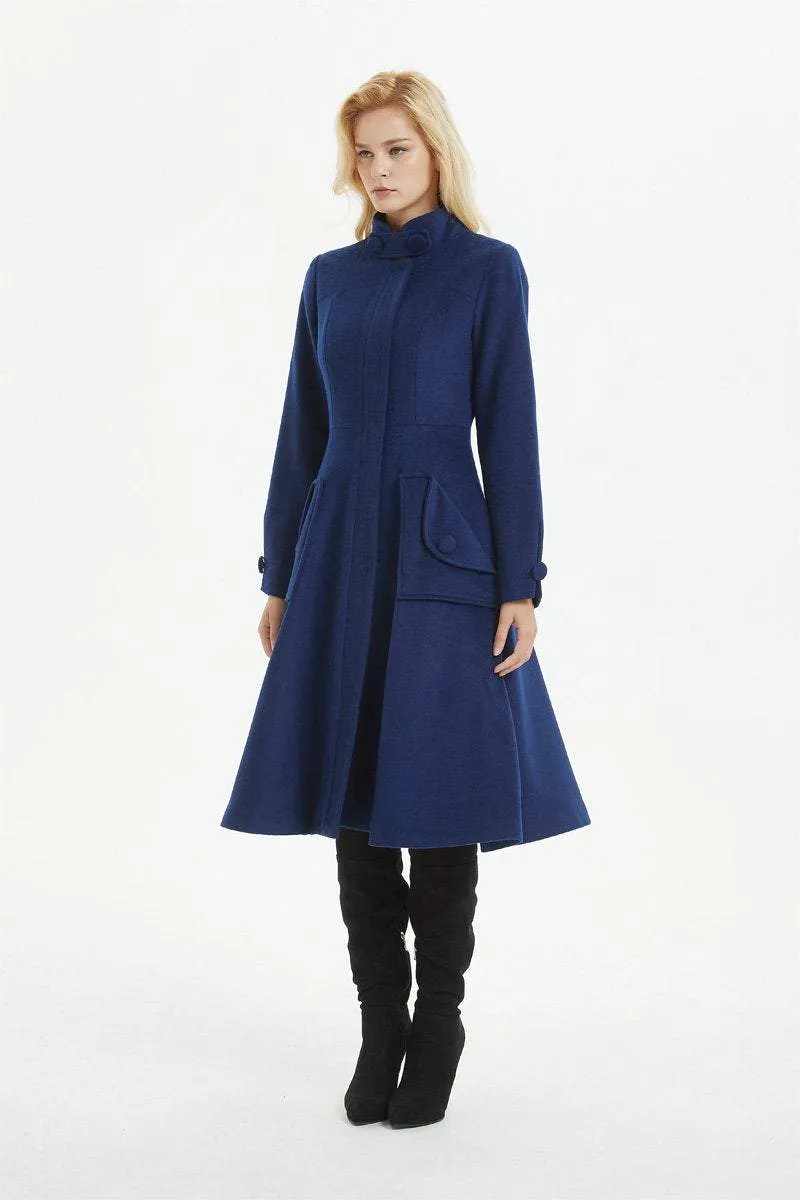 Blue coat, warm wool coat for winter, womens wool coat with pockets - custom midi fitted coat, elegant wool coat - best gift for her C1282