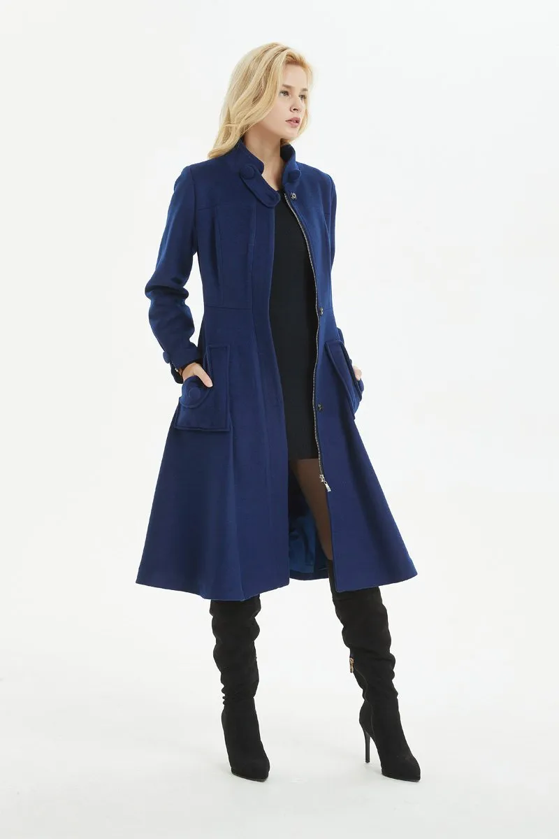 Blue coat, warm wool coat for winter, womens wool coat with pockets - custom midi fitted coat, elegant wool coat - best gift for her C1282