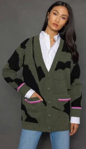 Camo Cloud Cardigan Sweater - Moss & Black