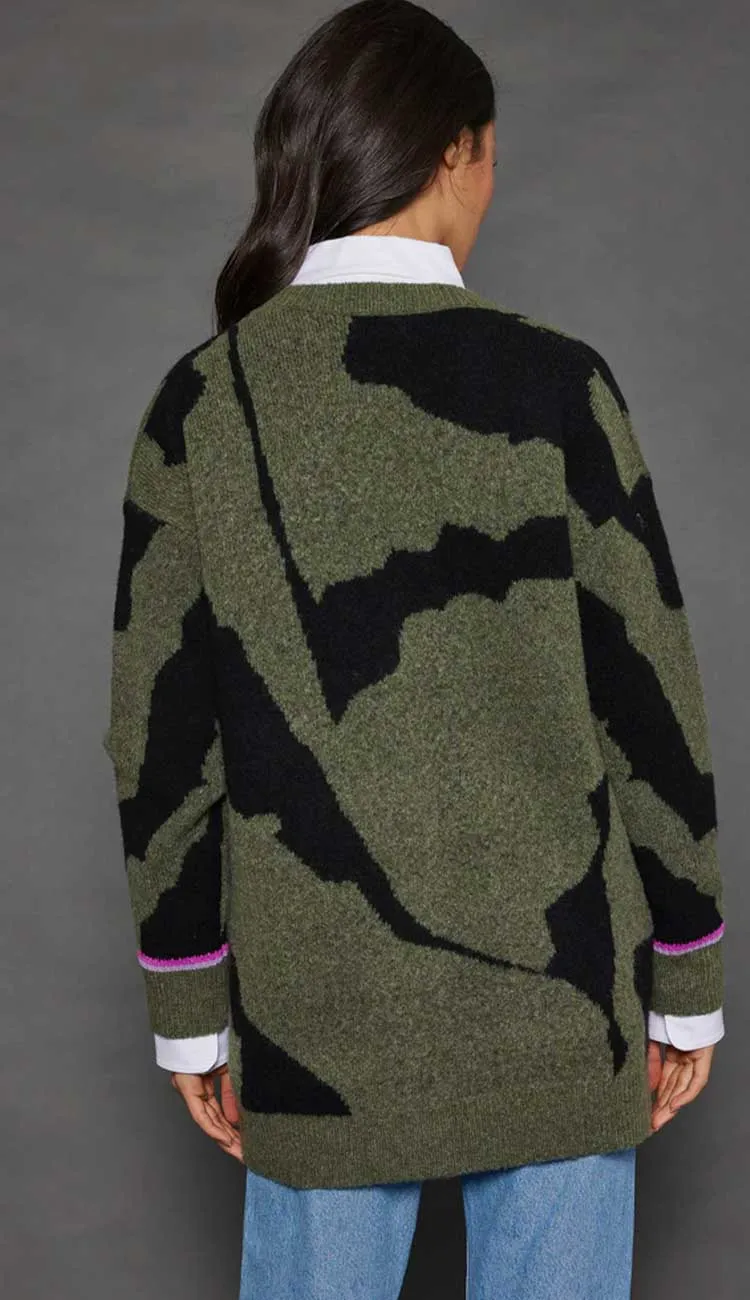 Camo Cloud Cardigan Sweater - Moss & Black