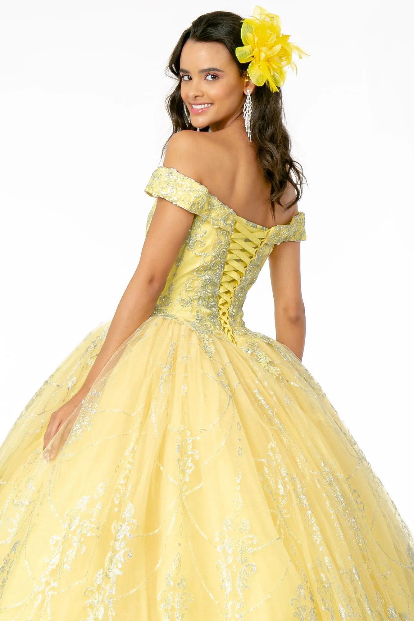 Cut-Away Shoulder Glitter Mesh Quinceanera Dress GLGL2910