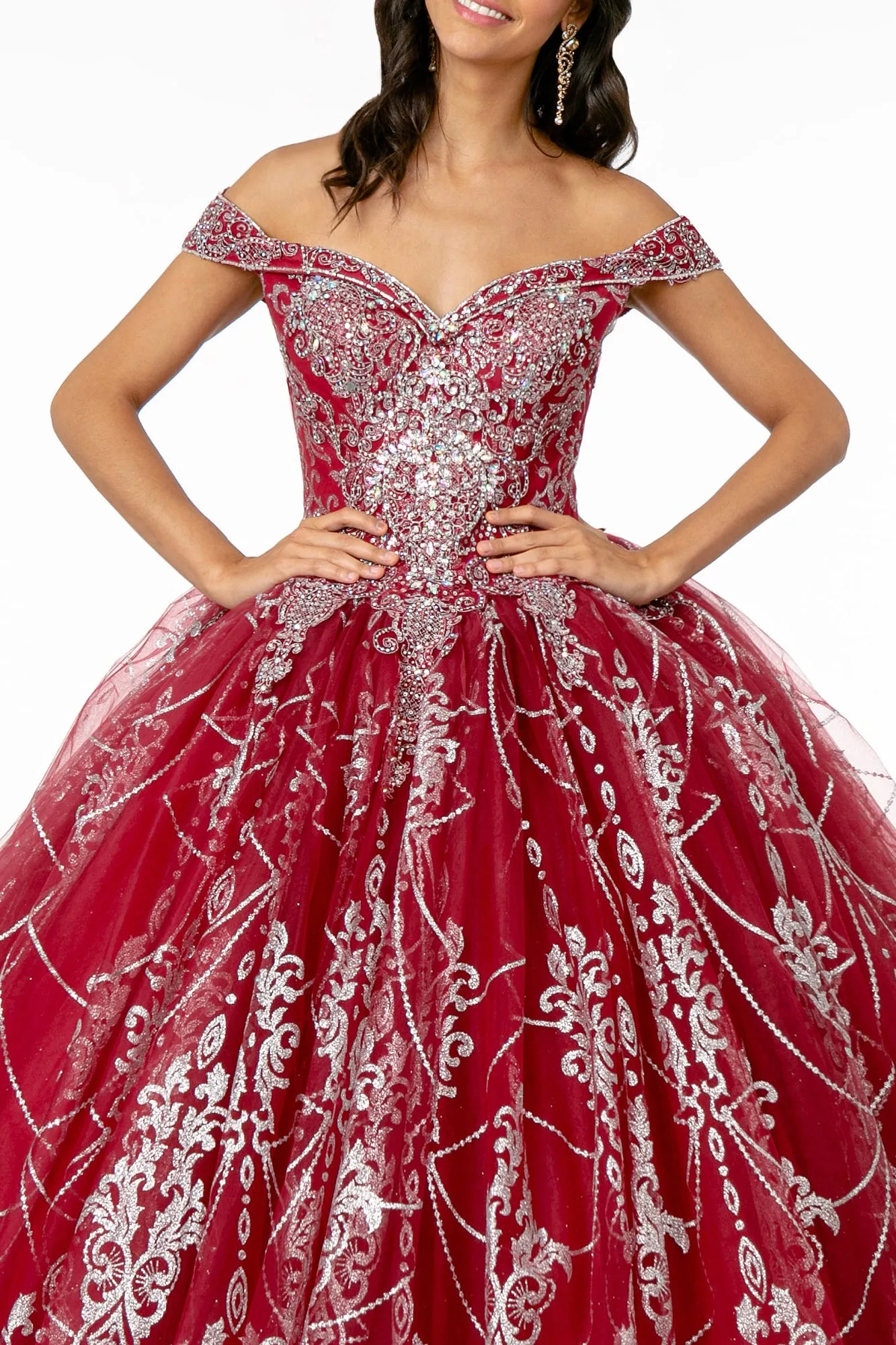 Cut-Away Shoulder Glitter Mesh Quinceanera Dress GLGL2910