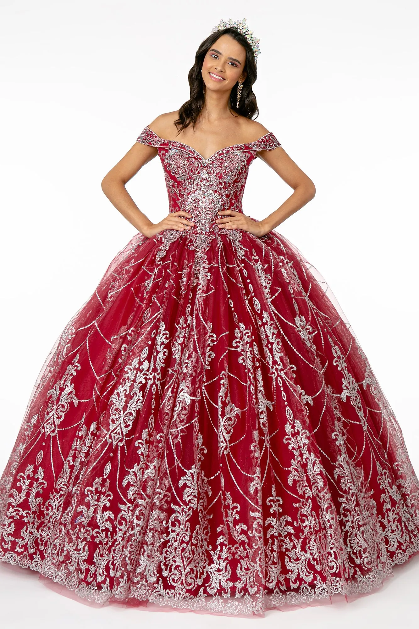 Cut-Away Shoulder Glitter Mesh Quinceanera Dress GLGL2910