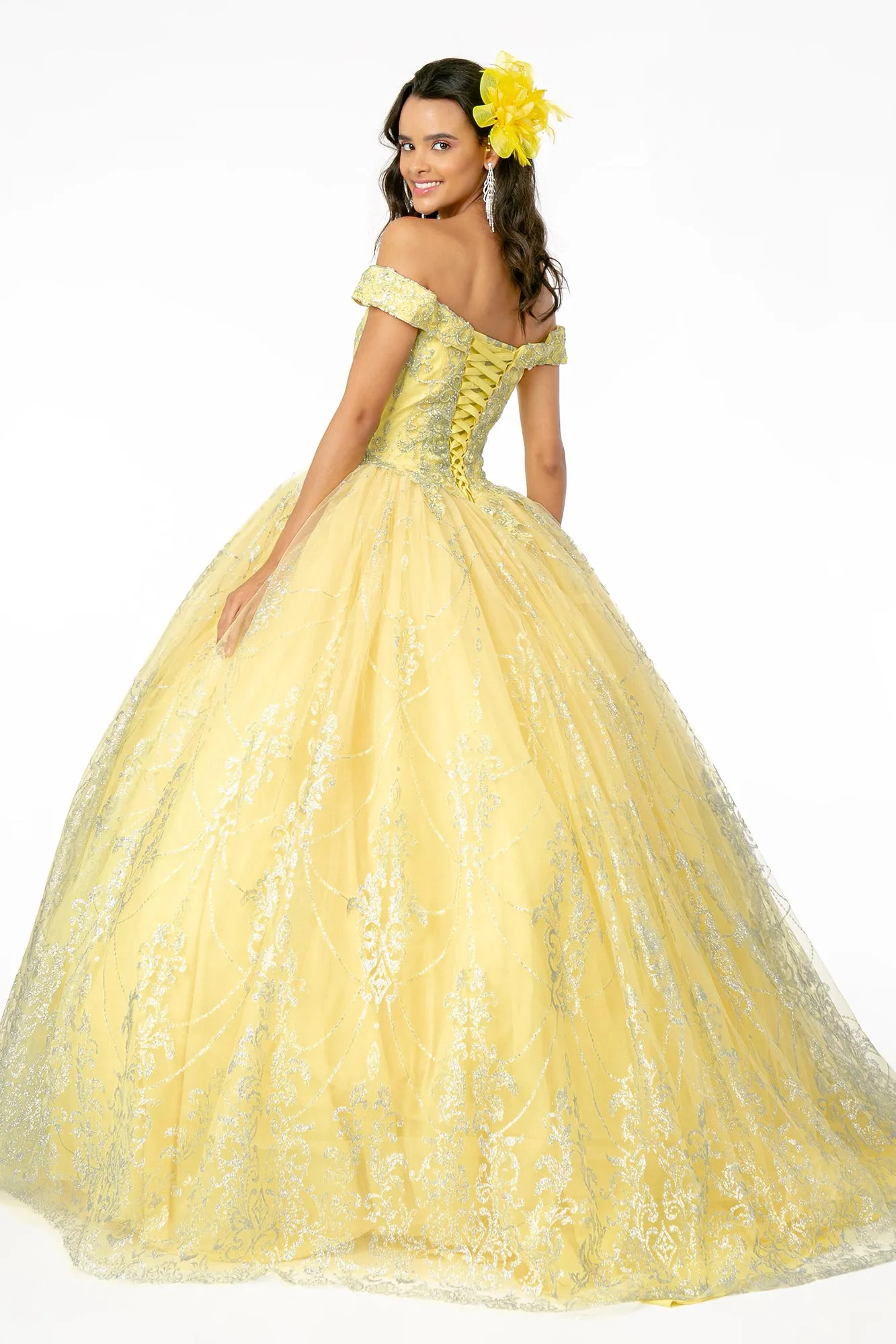Cut-Away Shoulder Glitter Mesh Quinceanera Dress GLGL2910
