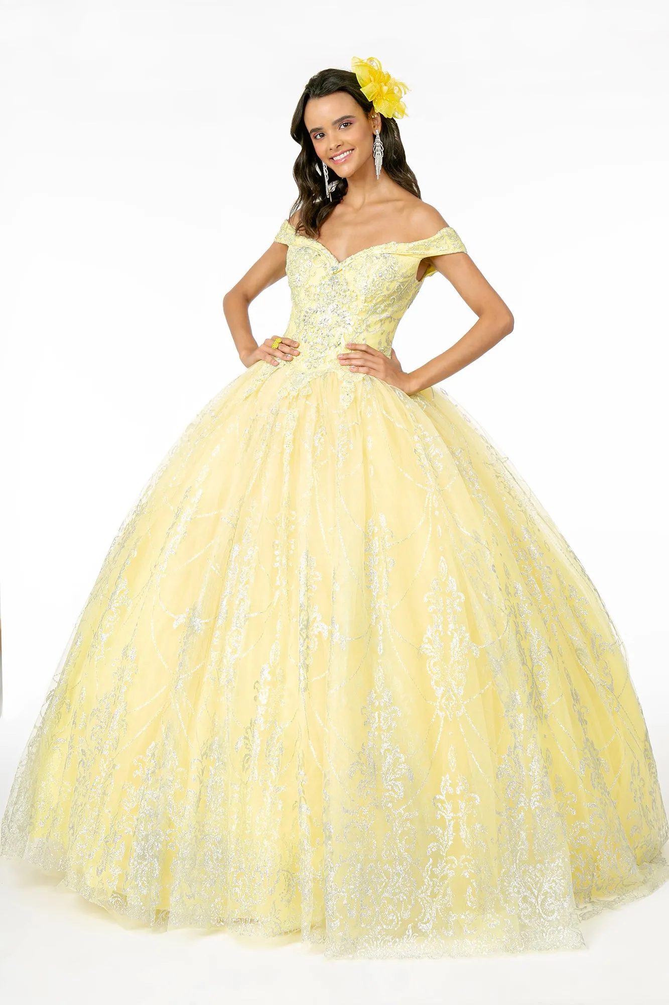 Cut-Away Shoulder Glitter Mesh Quinceanera Dress GLGL2910