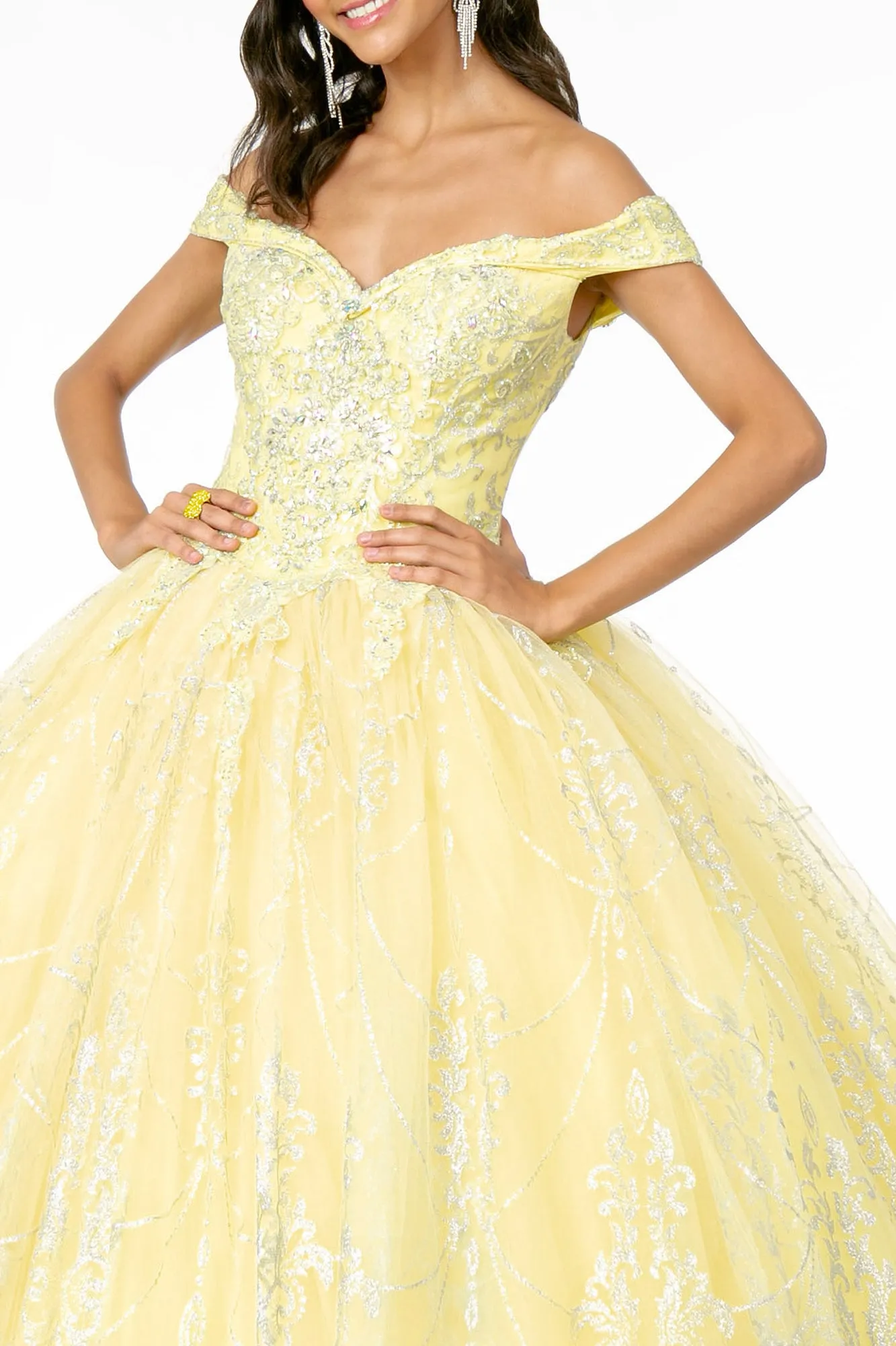 Cut-Away Shoulder Glitter Mesh Quinceanera Dress GLGL2910