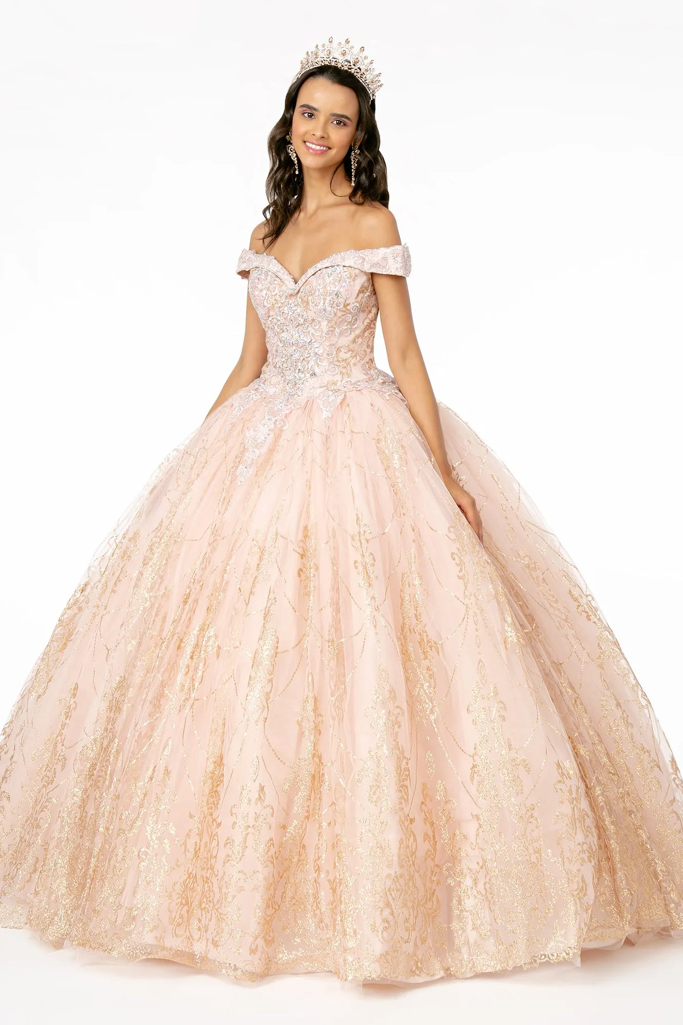 Cut-Away Shoulder Glitter Mesh Quinceanera Dress GLGL2910