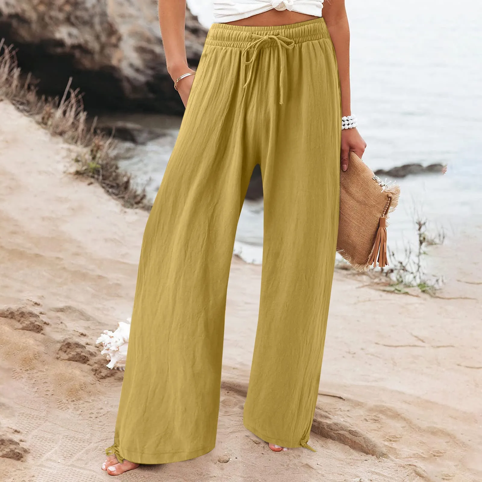 Elastic Casual Solid Color Trousers Wide Pants