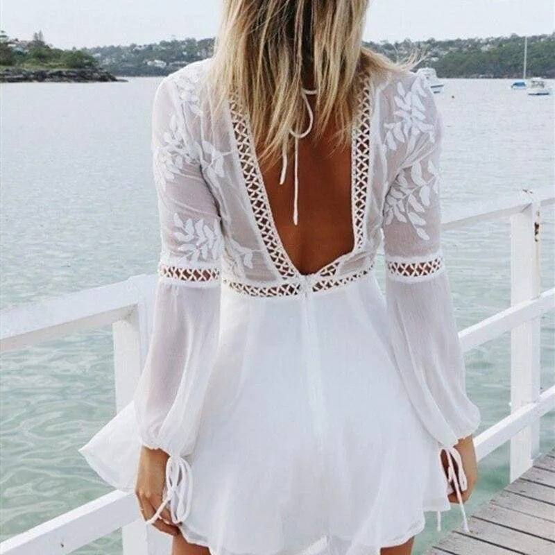 FashionSierra - Women Chiffon White Long Sleeve Lace V-neck Long Sleeve Party Evening Cocktail Short Mini Dress