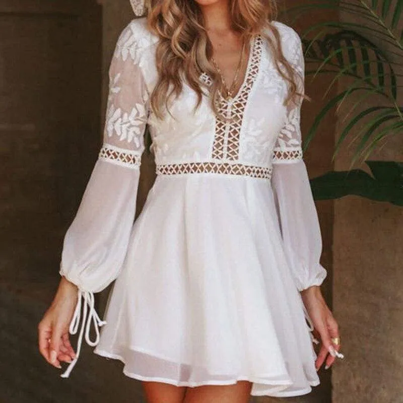 FashionSierra - Women Chiffon White Long Sleeve Lace V-neck Long Sleeve Party Evening Cocktail Short Mini Dress