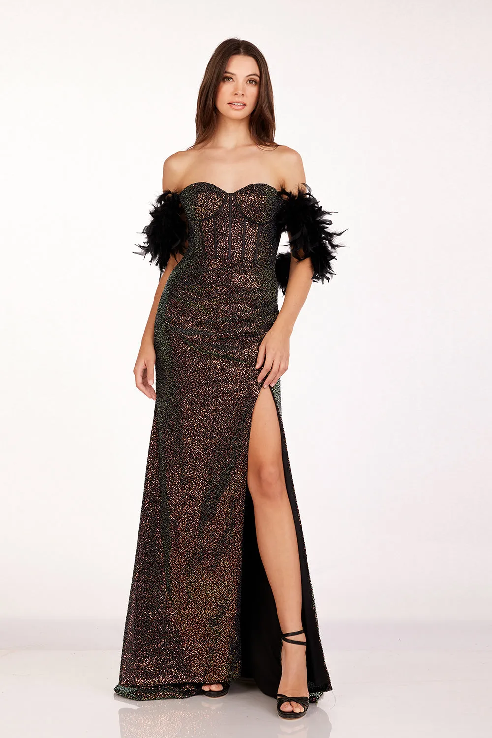 Feather Off Shoulder Slit Gown by Abby Paris 90254