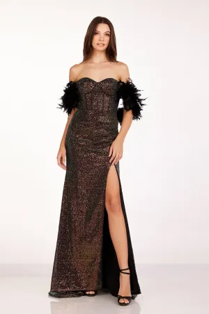 Feather Off Shoulder Slit Gown by Abby Paris 90254