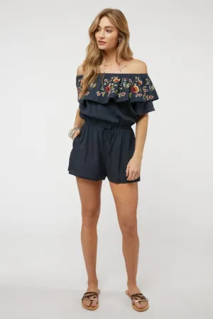 Floral Embroidered Ruffle Off-Shoulder Romper