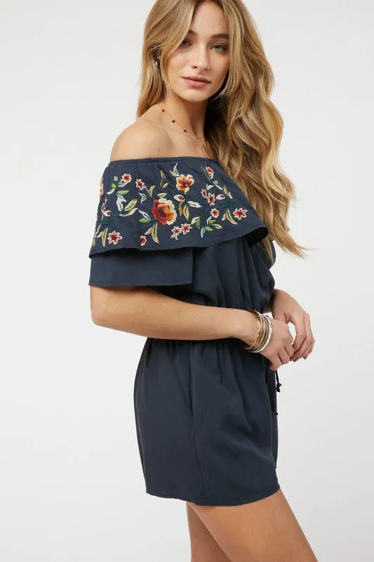 Floral Embroidered Ruffle Off-Shoulder Romper
