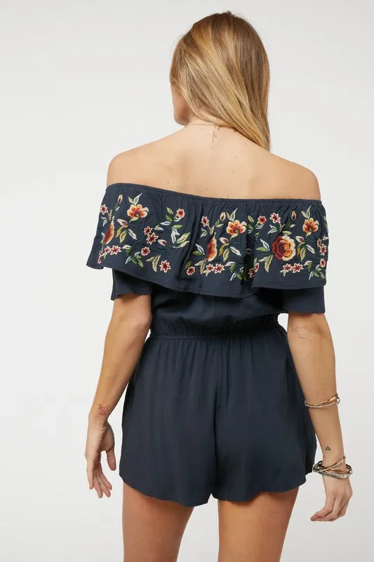 Floral Embroidered Ruffle Off-Shoulder Romper