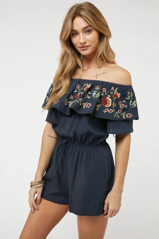 Floral Embroidered Ruffle Off-Shoulder Romper