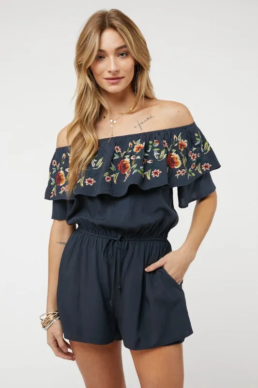Floral Embroidered Ruffle Off-Shoulder Romper