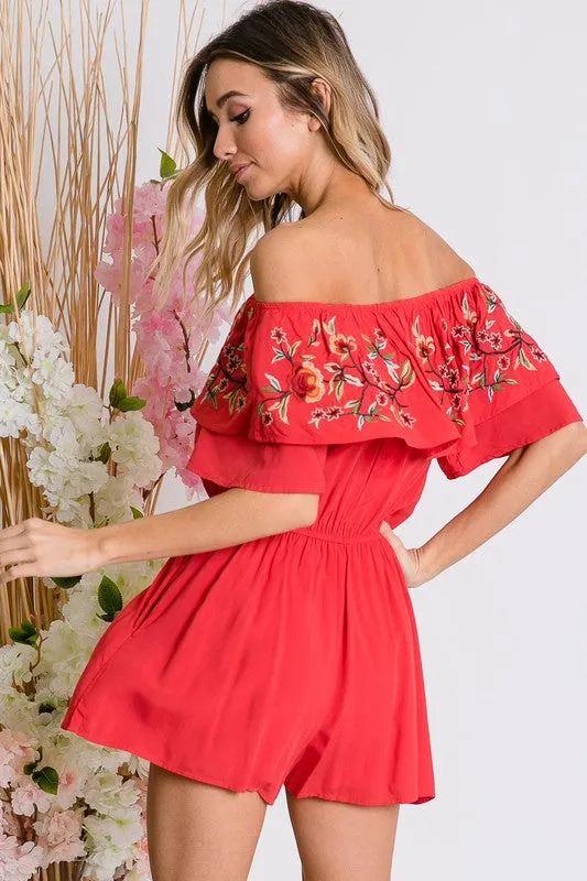 Floral Embroidered Ruffle Off-Shoulder Romper