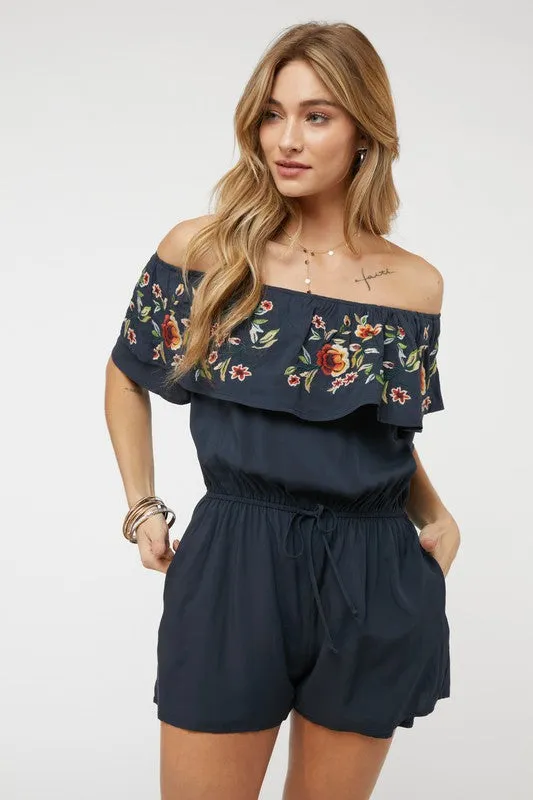 Floral Embroidered Ruffle Off-Shoulder Romper