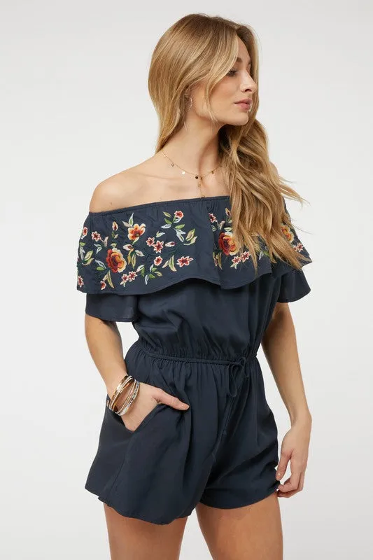 Floral Embroidered Ruffle Off-Shoulder Romper