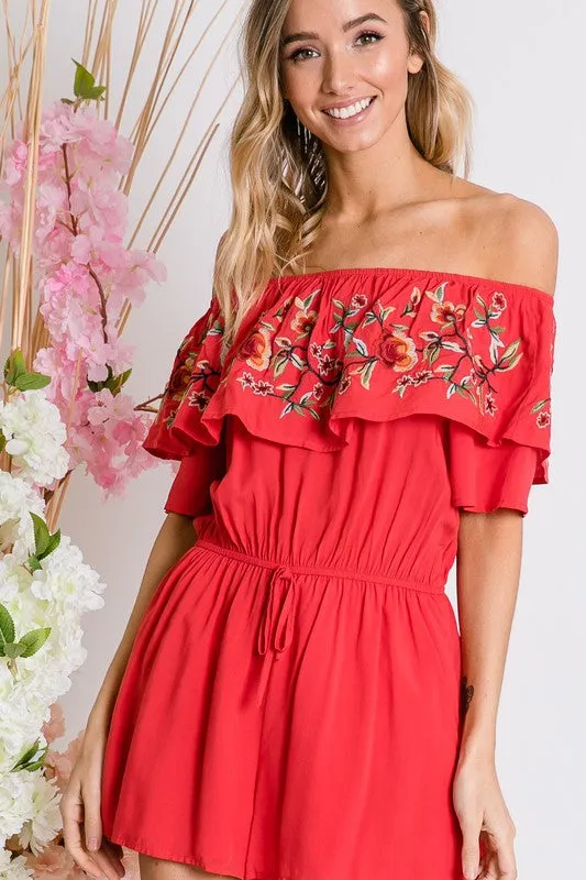 Floral Embroidered Ruffle Off-Shoulder Romper