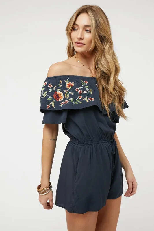 Floral Embroidered Ruffle Off-Shoulder Romper