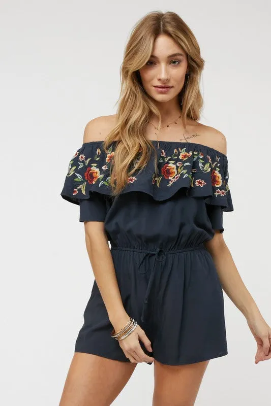 Floral Embroidered Ruffle Off-Shoulder Romper