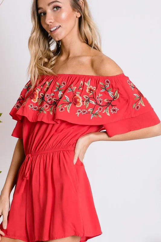 Floral Embroidered Ruffle Off-Shoulder Romper