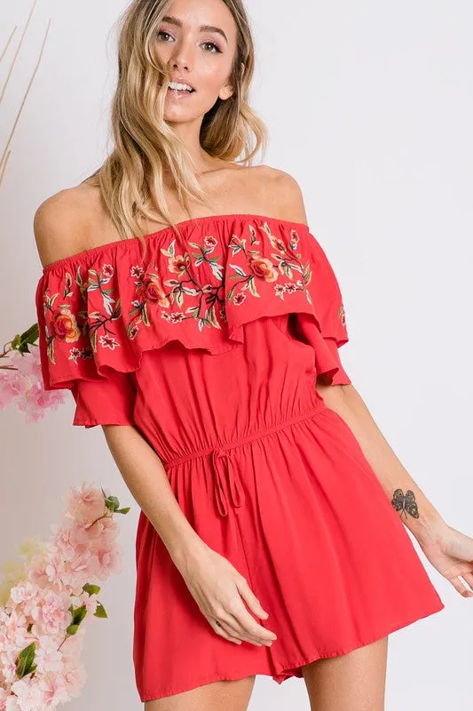 Floral Embroidered Ruffle Off-Shoulder Romper