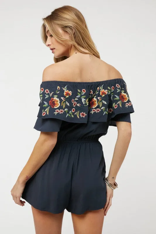 Floral Embroidered Ruffle Off-Shoulder Romper