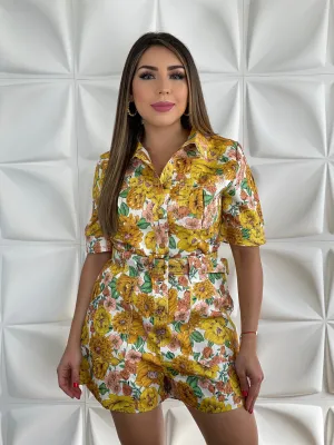Floral Print Waist Belt Romper