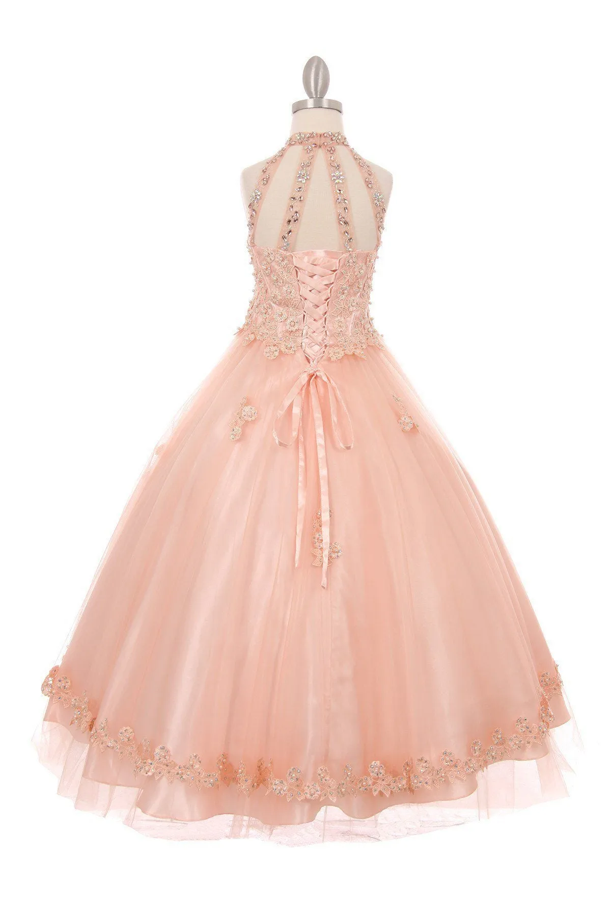Girls Floral Applique Long Halter Dress 5060