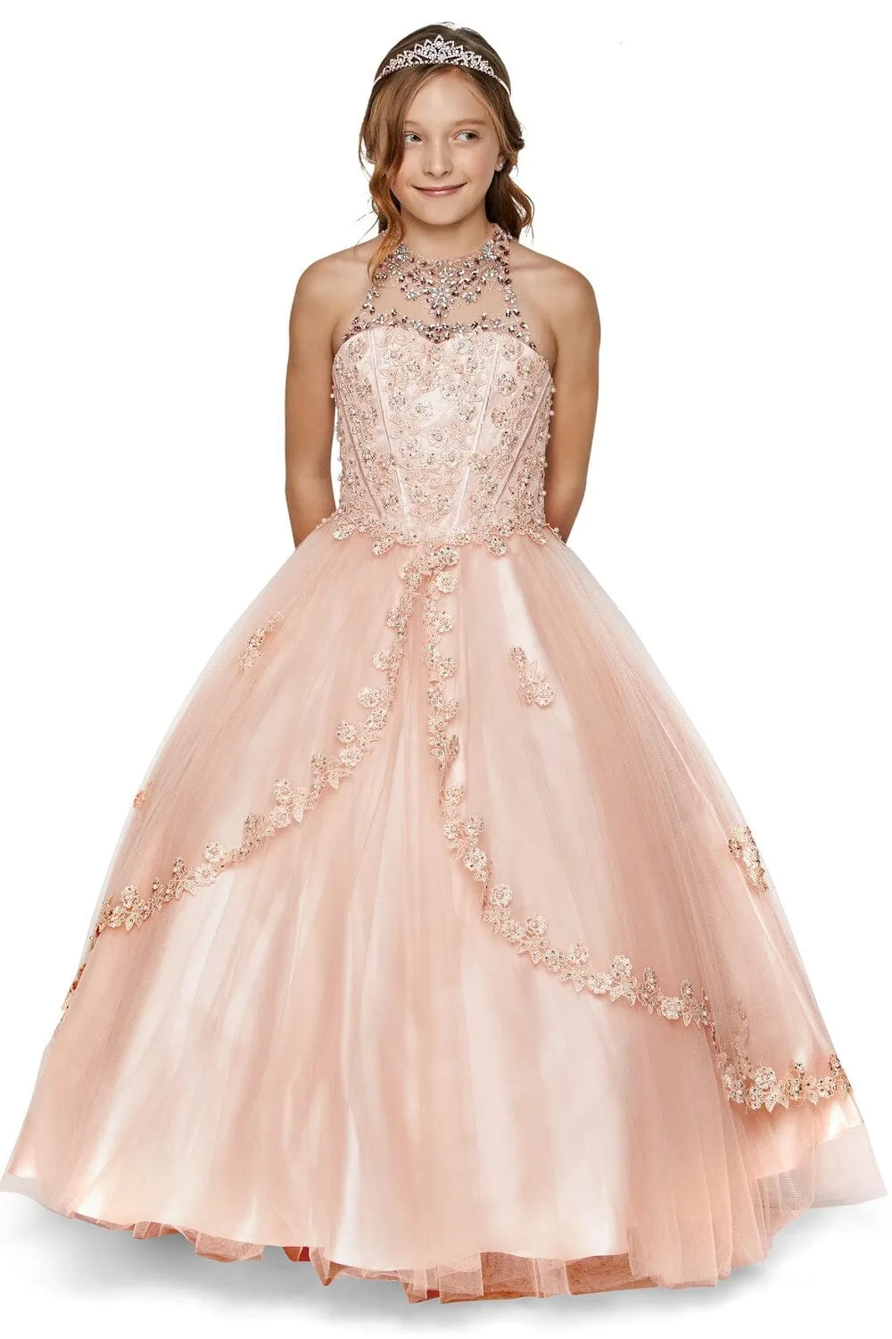 Girls Floral Applique Long Halter Dress 5060
