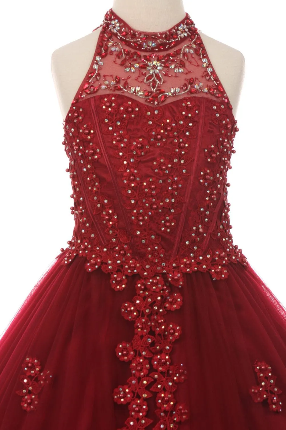 Girls Floral Applique Long Halter Dress 5060